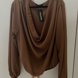 Boohoo Brown Draped Blouse